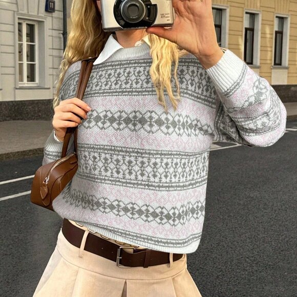 Multicolor Casual Women's Loose Fit Crew Neck Long Sleeve Sweater - Picture 6 of 7